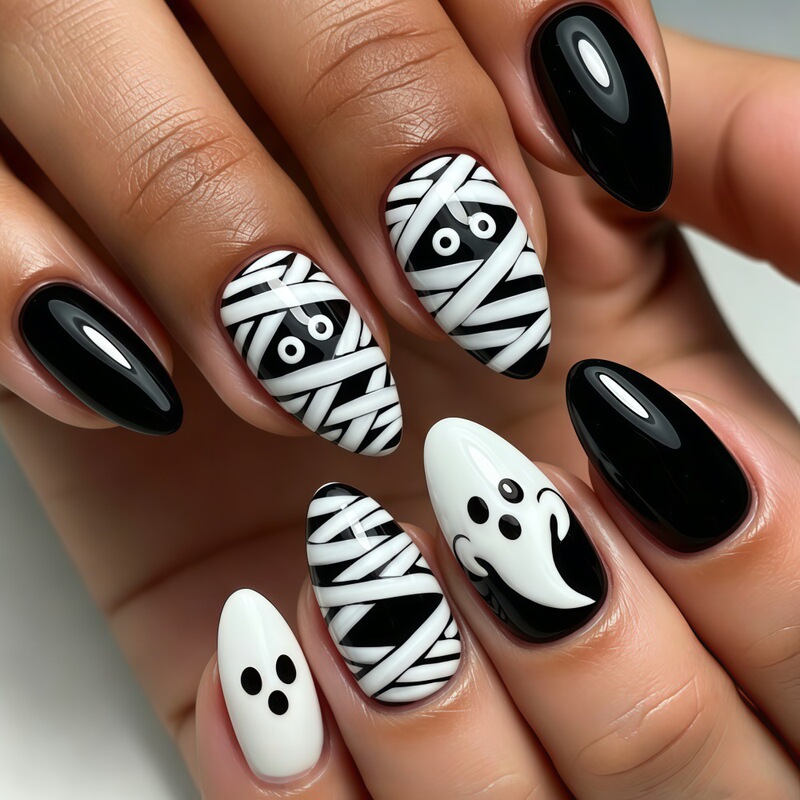 24 pieces of new Halloween mummy ghost press-on nails, black and white bandage nail art, funny style nail stickers wholesale 24 pieces of new Halloween mummy ghost press-on nails, black and white bandage nail art, funny style nail stickers wholesale