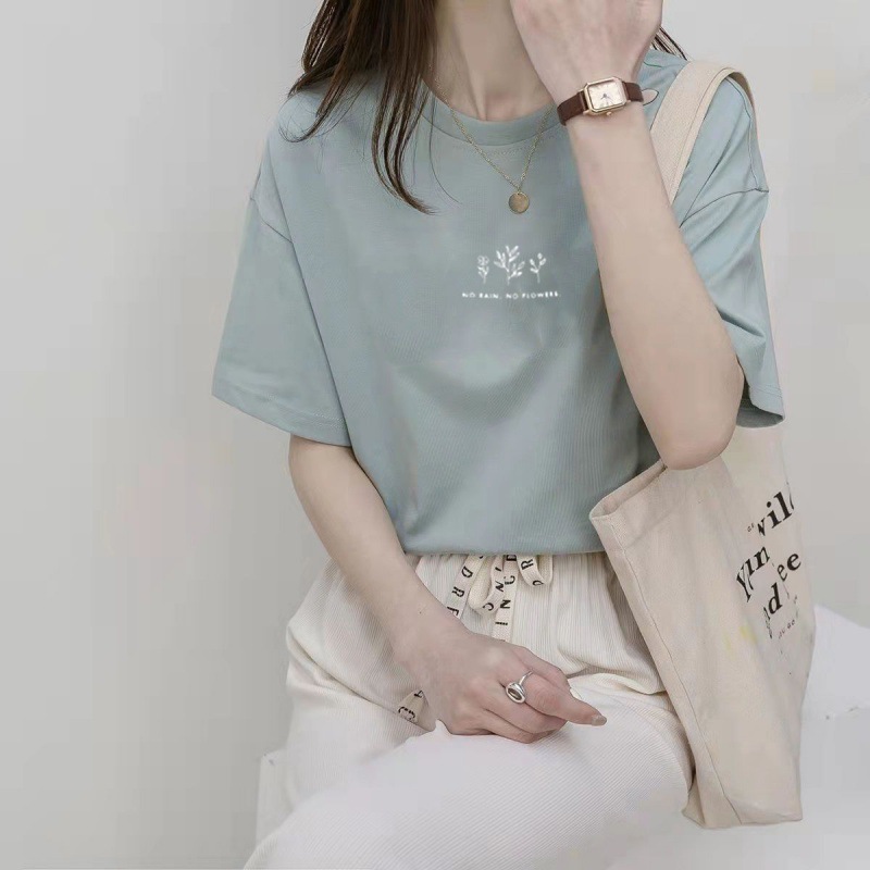 韩版圆领短袖T恤女夏季宽松植物印花含棉白色ins超火学生半袖上衣