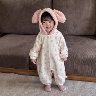 Baby Clothes Winter Girl Baby Jumpsuit Princess Stylish Rabbit Outdoor Crawling Clothes Fleece-Lined Hooded Romper Winter Outfit