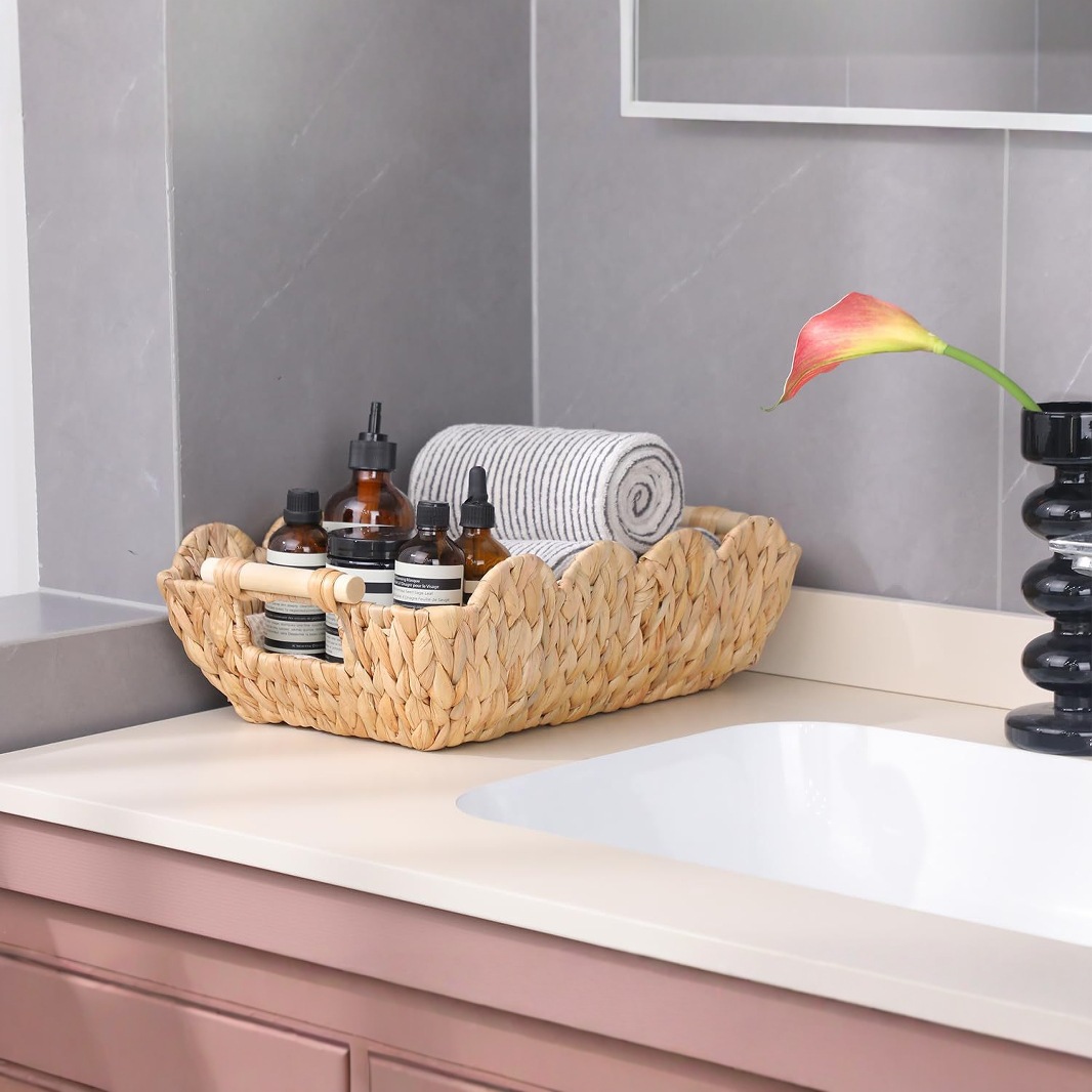 Cesta de almacenamiento de paja de calabaza personalizada transfronteriza con mango de madera cesta de vieira cesta de almacenamiento de decoración del hogar tejida a mano