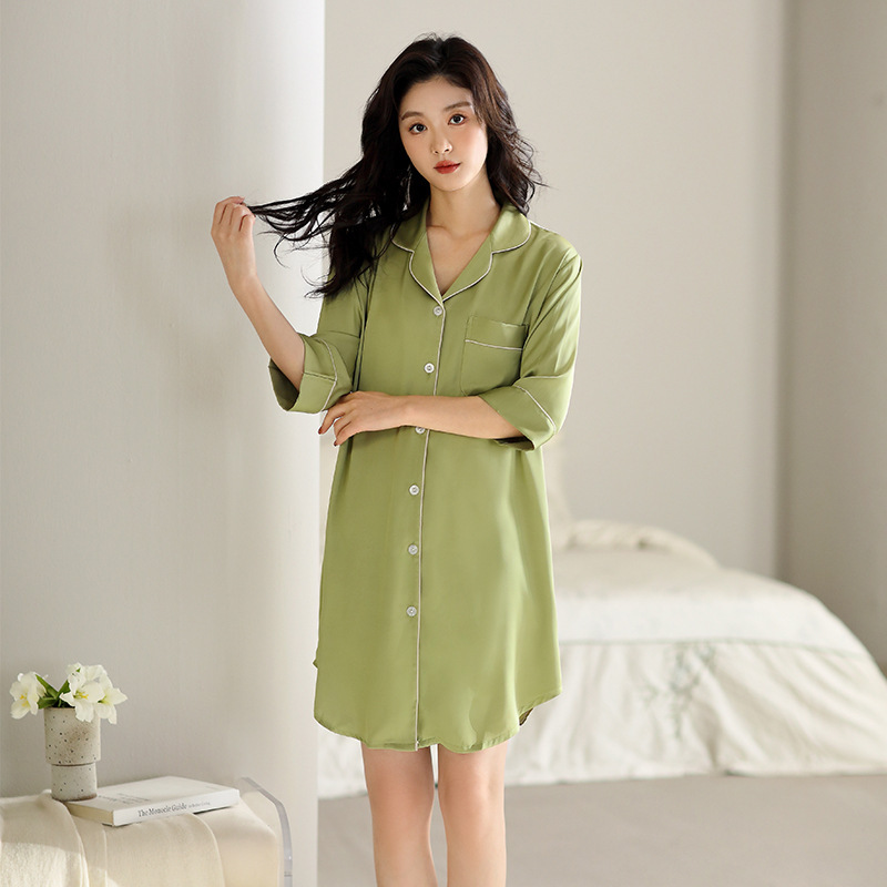 Han Yatong Women's Mid-Sleeve Shirt Dress Spring and Summer Satin Ice Silk Sexy Home Clothes Loose Casual Pajamas New