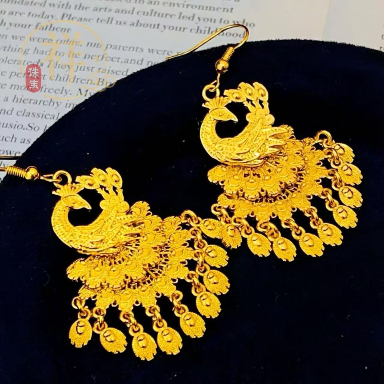Jewelry store-style gold-plated peacock tassel earrings, wedding-style, imitation three-gold jewelry, retro ethnic-style peacock earrings, wholesale