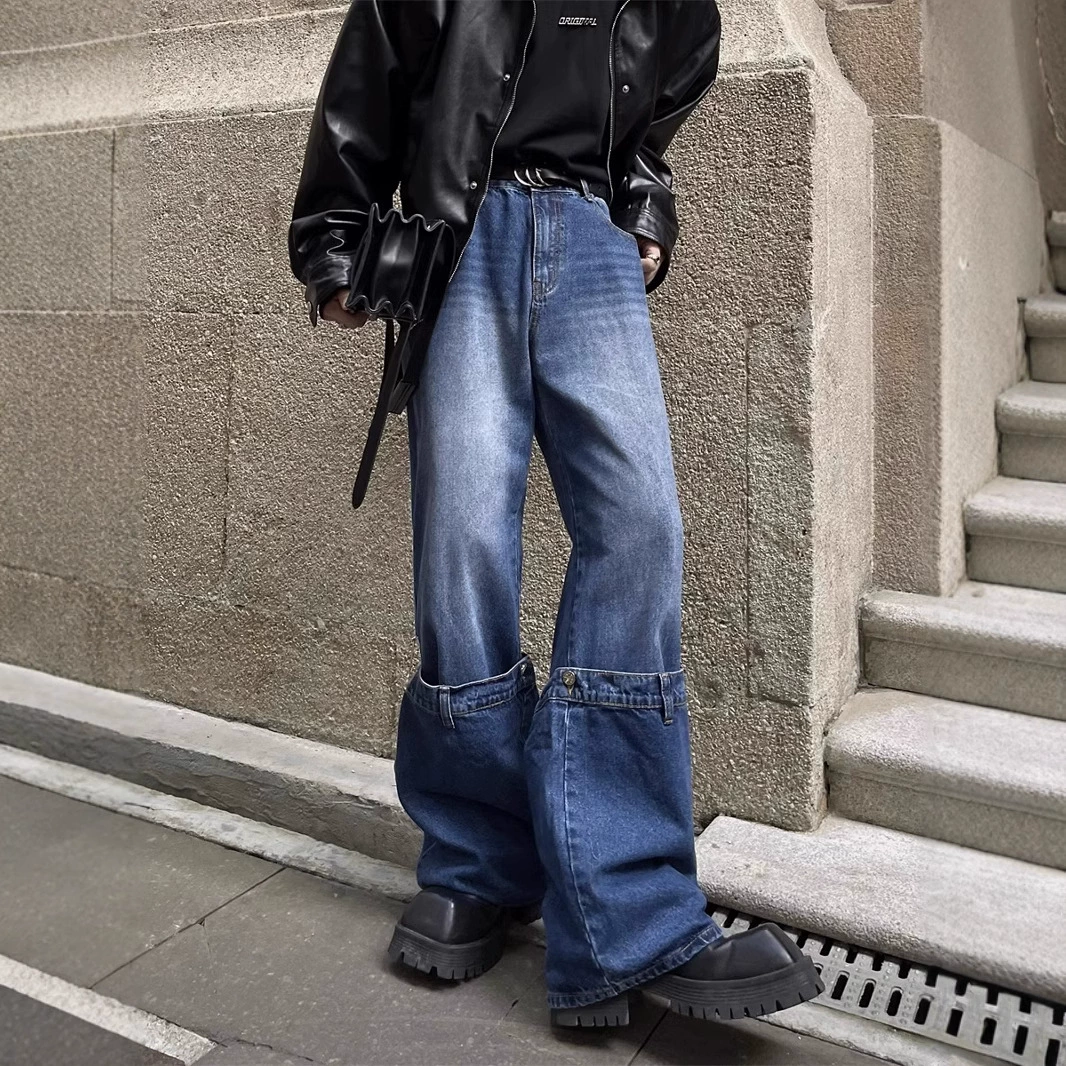 Ниша деконструирует металлические пуговицы с ощущением широкие джинсы мужские высокие улицы приливы винтажных трусов