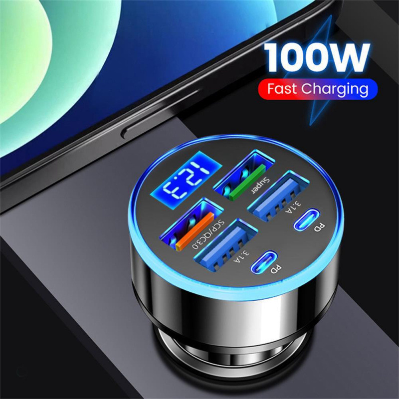 Cross-Border 120W Car Charger Super Fast Charging Four-Port with Display Pd Car Charging Head Car Charger Cigarette Lighter