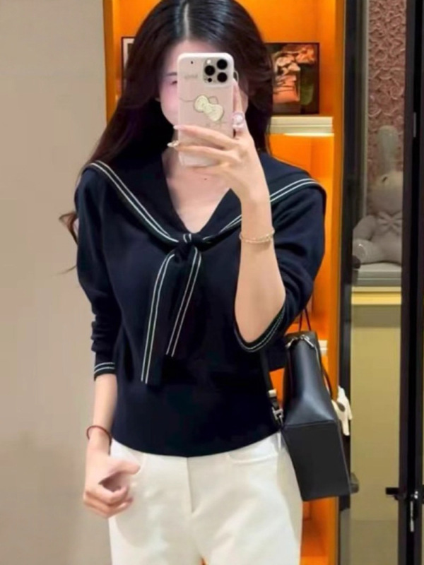 学院风海军领修身减龄针织长袖女2025秋季新款慵懒风披肩小上衣|undefined