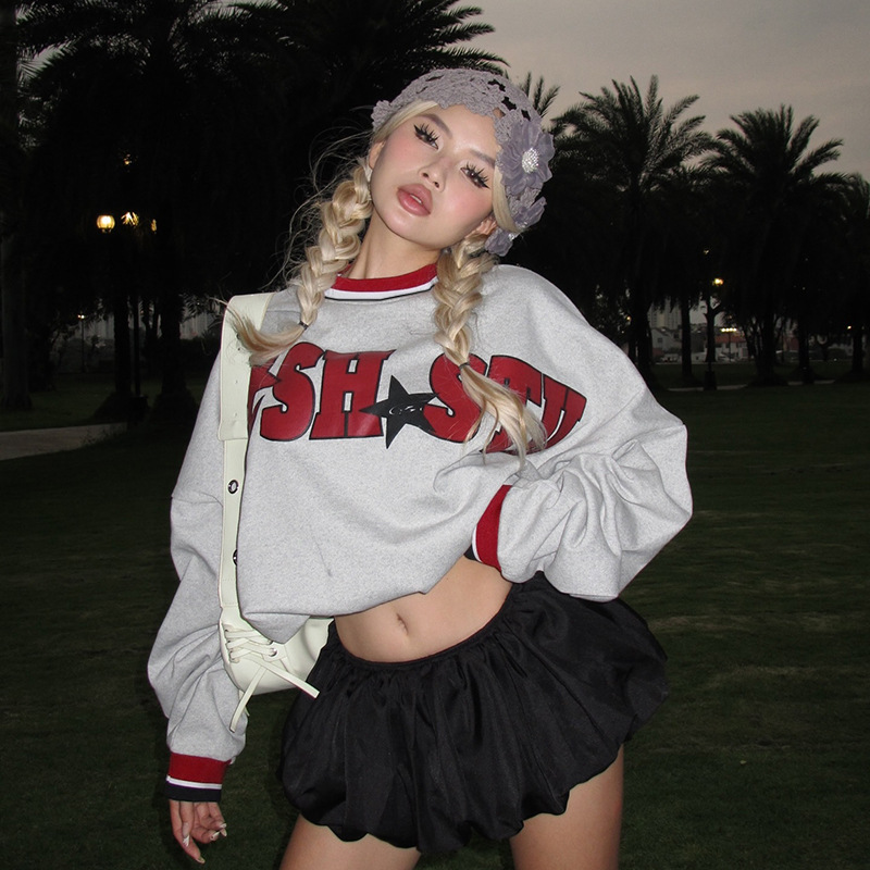 ZX24220CPO街头宽松字母印花卫衣美式秋季新款加绒长袖套头外套女