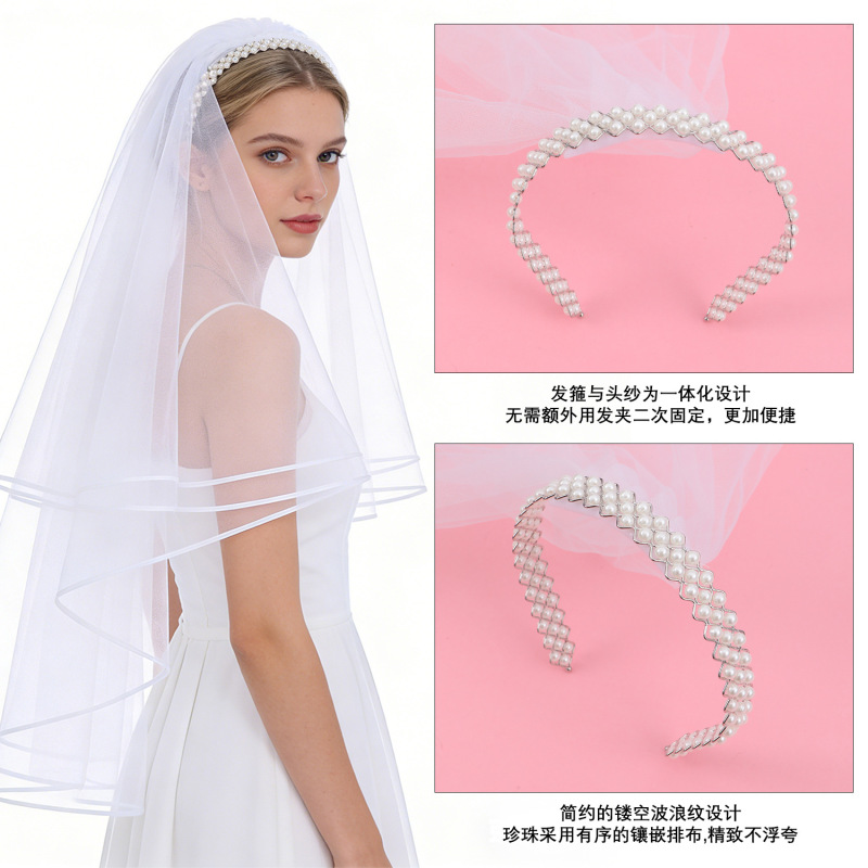 European and American Style Bachelorette Party 3-Row Pearl Headband with Integrated Veil, Essential Wedding Accessory for the Bride-To-Be