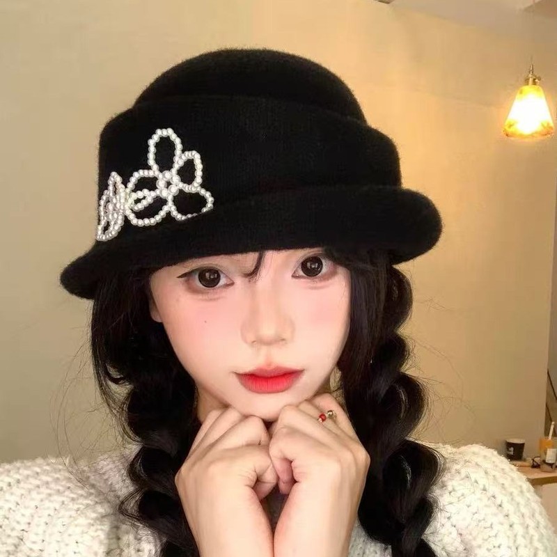 珍珠花朵千金帽子女春秋季法式复古优雅礼帽显脸小黑色针织马术帽|undefined