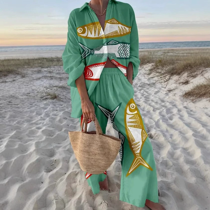 Трансграничные женские модные принты для отдыха пляжный ветер набор весной и осенью 2025 новый набор для отдыха Amazon