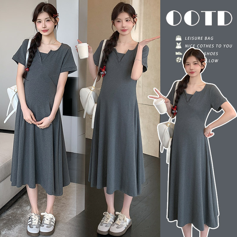 Maternity Summer Dress Trendy Mom Summer Thin New Fashion Short-Sleeve T-Shirt Dress That Covers the Belly Without Showing Pregnancy, Age-Reducing Long Dress Maternity Summer Dress Trendy Mom Summer Thin New Fashion Short-Sleeve T-Shirt Dress That Covers the Belly Without Showing Pregnancy, Age-Reducing Long Dress