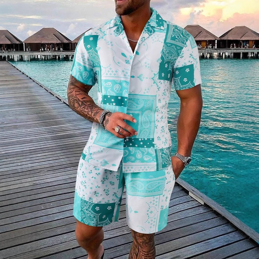 Color de contraste retro tótem impresión 3D comercio exterior Xiyin venta caliente verano hawaiano vacaciones camisa pantalones cortos traje de 2 piezas