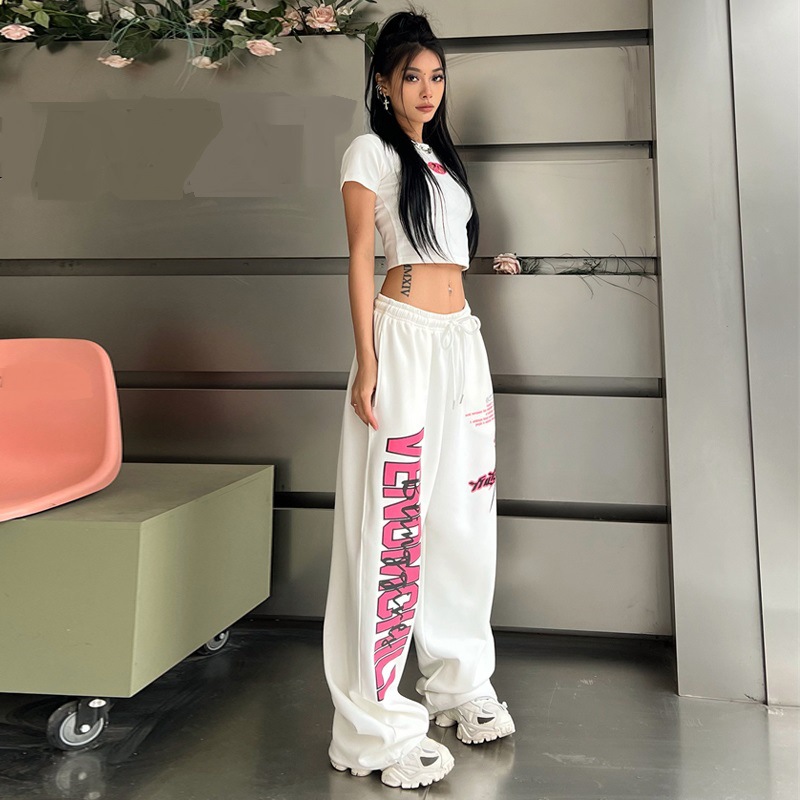 White Printed Loose Women Pants Summer Casual Fit