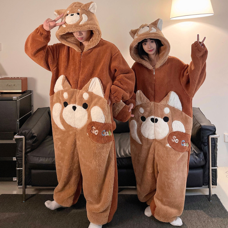 ワンピースのカップルのパジャマの女性の珊瑚の絨毯は厚いです。秋冬の男性のファスナーのフランネルの家の服は一体になります。|undefined