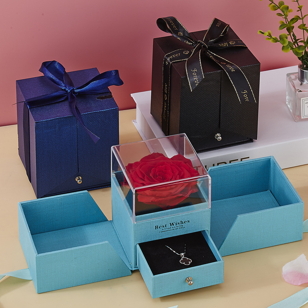 亚马逊爆款永生花玫瑰礼盒双开戒指耳钉项链情人节生日礼物首饰盒