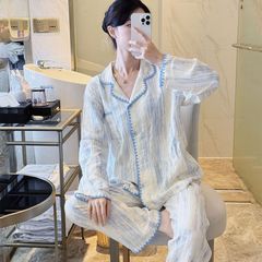 秋睡衣女长袖带杯垫卡通可爱翻领开衫格子简约甜美宽松家居服套装
