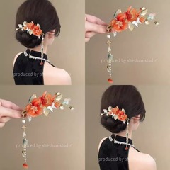 新しいオリジナル手作りアンティークヘアピン釉薬花タッセルサイド妖精スタイルレッド漢服ヘアアクセサリー