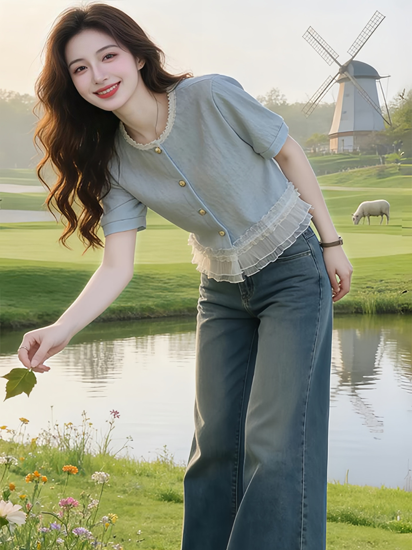 Áo sơ mi nữ ngắn tay ren viền hoa phong cách thiết kế nhỏ — xanh lam chi tiết 4