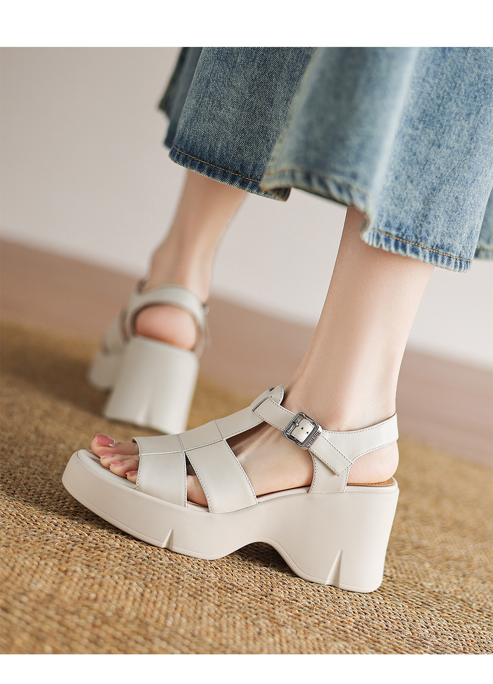 Giày sandal cao gót đế xuồng nữ phong cách La Mã, gót 9 cm, quai rỗng thoáng mát — Màu đen, Màu trắng be chi tiết 10