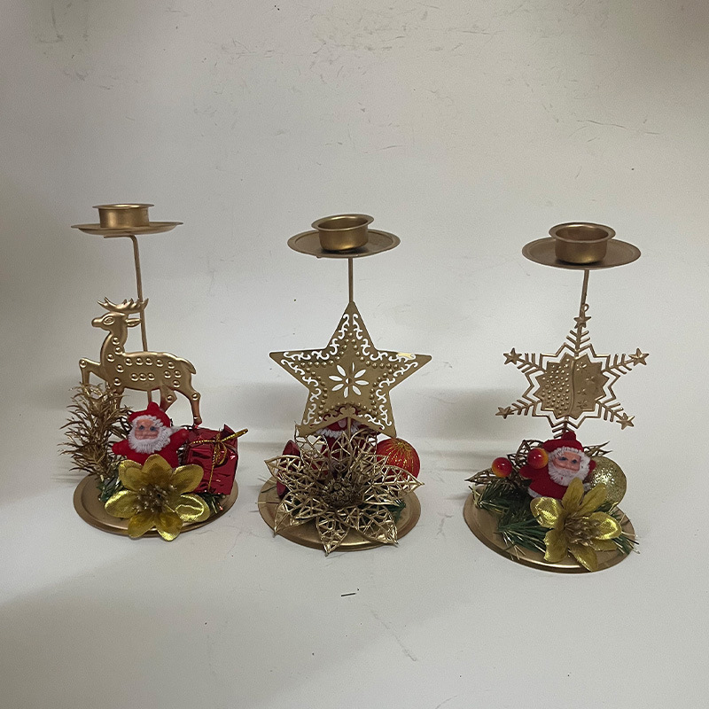 亚马逊新品金色铁艺烛台小鹿雪花五角星圣诞老人烛台橱窗桌面摆件|undefined