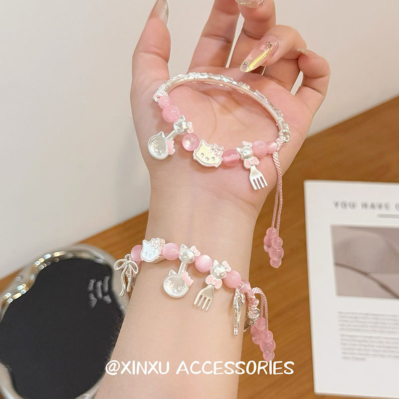 Cute and Adorable Silver Cat Knife and Fork Beaded Tassel Bracelet, High-End Sweet and Fashionable Exquisite Everyday Versatile Bracelet
