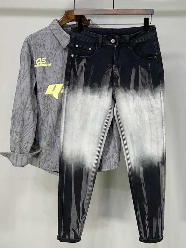 New Product, Great Item~Simple Color Scheme~Slim Fit Versatile Skinny Jeans with Dual Color Splatter Design, Trendy Fashion Men's Pants