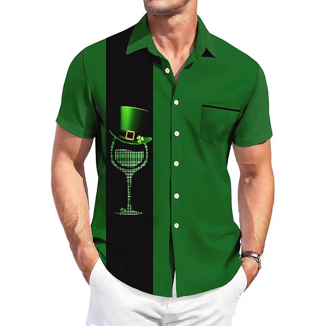 Cross-Border Popular St. Patrick's Day Clover Print Men's Short-Sleeved Shirt European and American Casual Foreign Trade Shirt