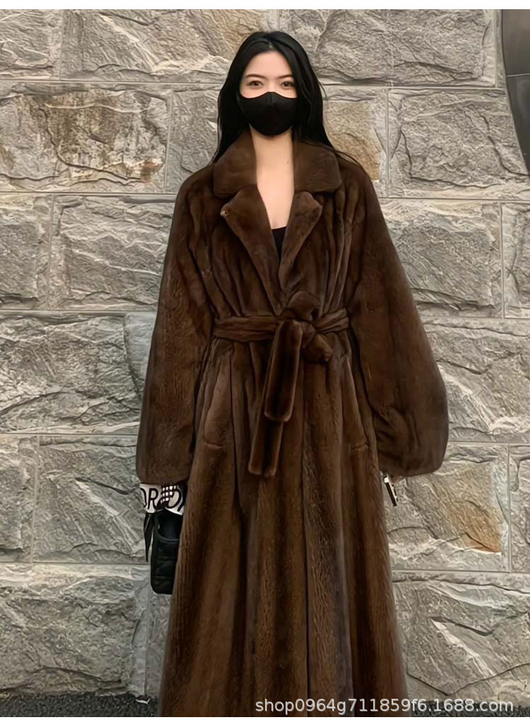 Luxury Faux Mink Fur Trench Coat Long Womens 2024 Winter New Lapel