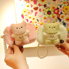 Ins Plush M Teddy Bear Creative Small Wallet for Kids Students Mini Wallet with Lanyard Earphone Bag Couple Gift