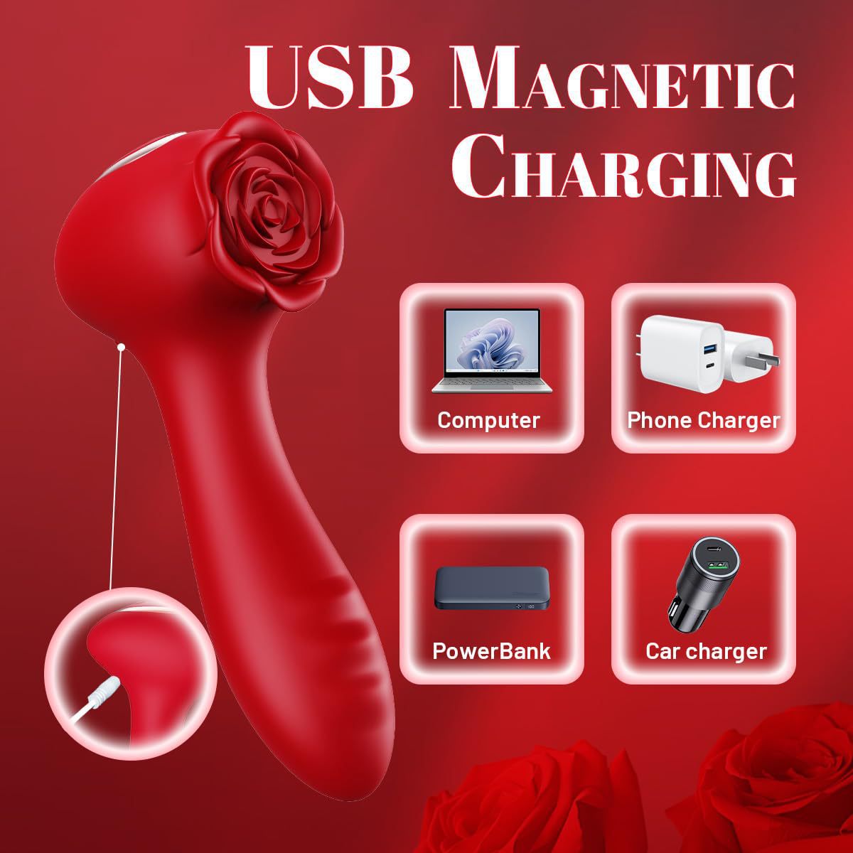 Rechargeable 10-Frequency Rose Vibrator with Bead Rotation, 3-in-1 Anal Plug & Prostate Massager, Red Silicone — detail image 5