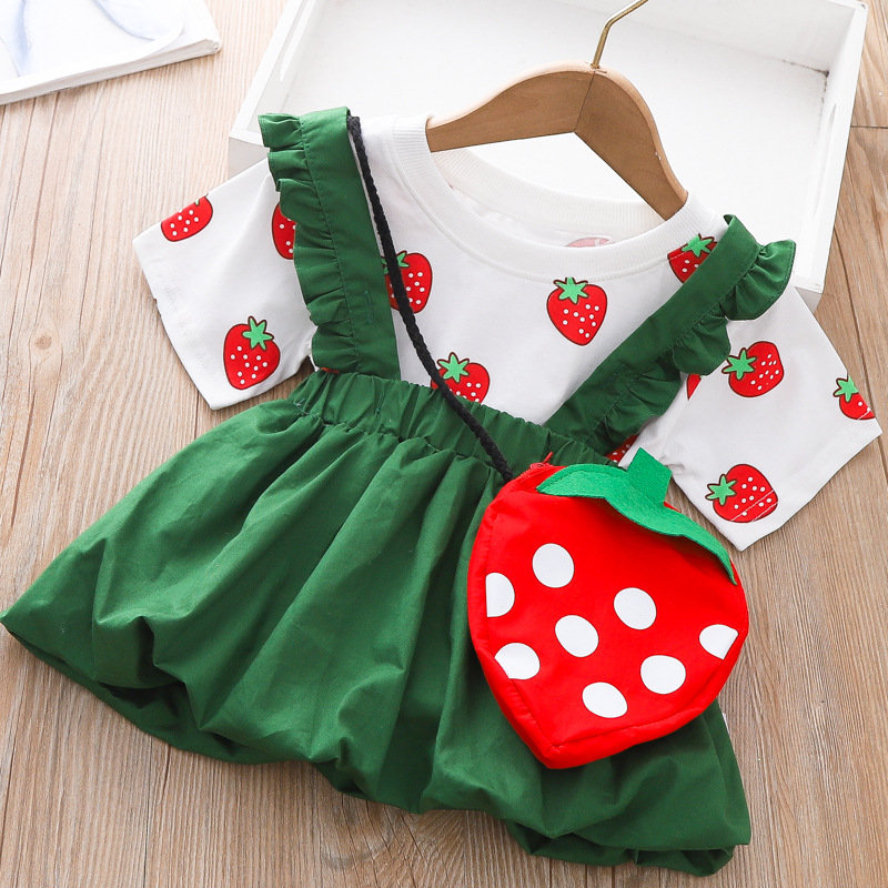 3796儿童套装童装女童夏季草莓短袖背带裙子二件套小女孩连衣裙子