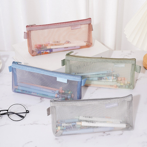 Simple inverted trapezoid triangle mesh pencil case large capacity transparent pencil case nylon mesh stationery storage bag wholesale
