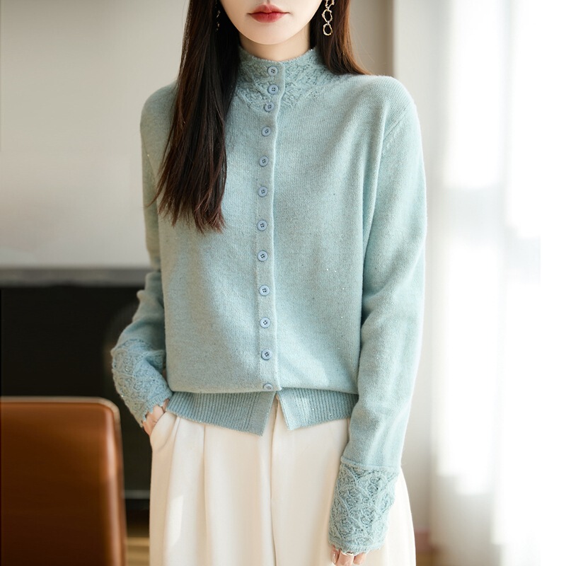 Sweater Women's Half Turtleneck Lace Crochet Sequin Knitted Cardigan Autumn and Winter New Loose Versatile Jacket Top Outer Wear