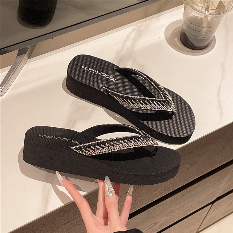 Top Quality Women's Outdoor High-Heeled Sandals, Mid-Heel Flip-Flops, Shallow Fairy-Style Square-Toed Rhinestone Simple Design 2026_voghion.com