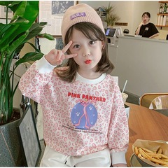 Women's Spring and Autumn New Children's Cartoon Cute Pink Leopard Pattern Cartoon Design Baby Girl Korean Style Trendy Sweatshirt