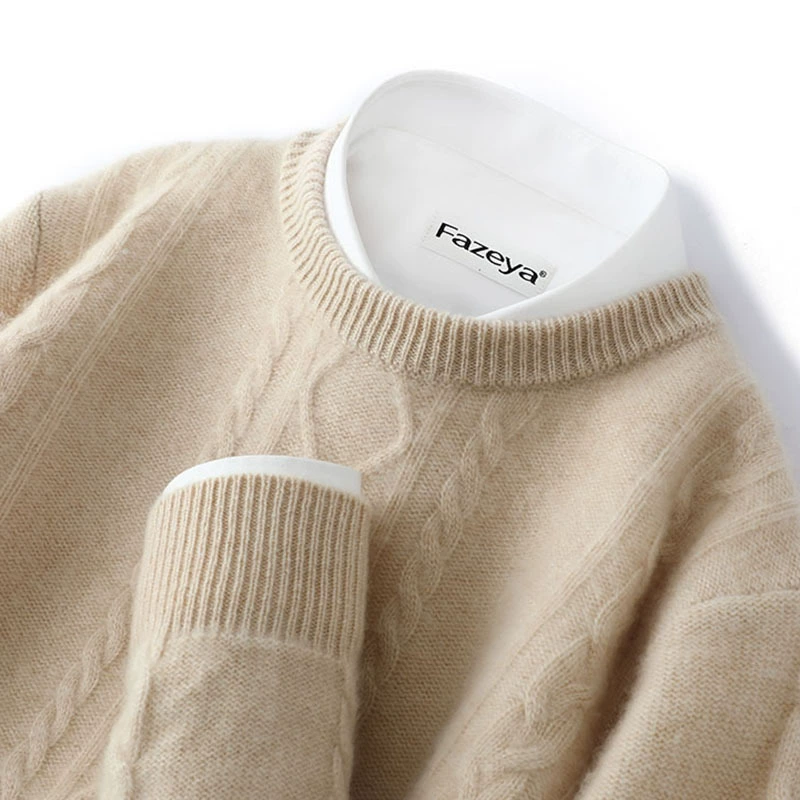 Свитер из 100% чистой шерсти, мужской свитер с круглым вырезом, свитер из витого кашемира, деловая Повседневная вязаная Базовая рубашка, теплая для осени и зимы