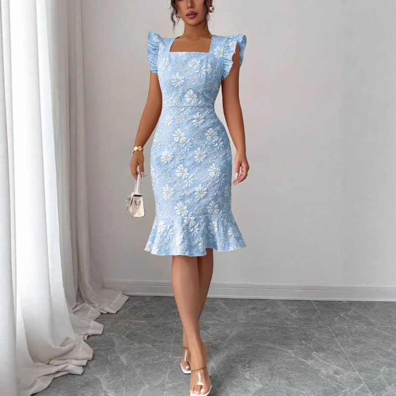 European and American Cross-Border Foreign Trade New Summer Style Small Daisy Floaty Dress Slim Fit Fishtail Short-Sleeved Dress