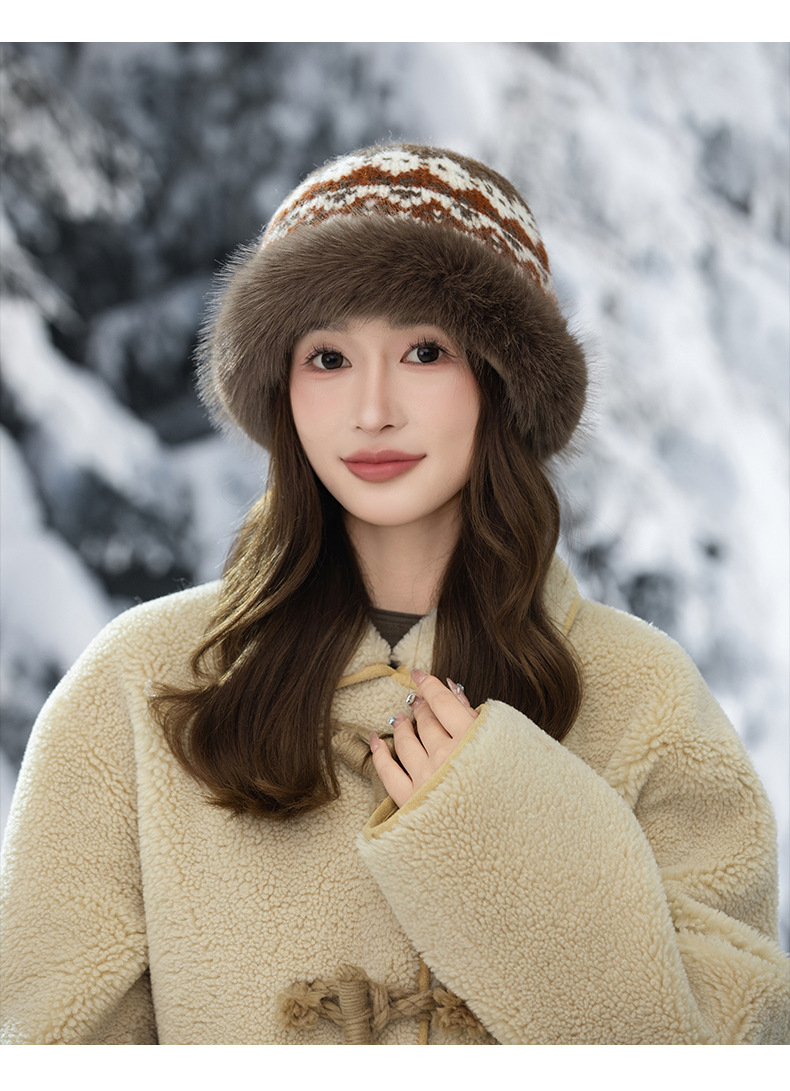 Cappello da pescatore invernale retrò in stile etnico jacquard lavorato a maglia, in pelliccia di coniglio, caldo, spesso e antifreddo_voghion.com