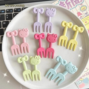 Hello Kitty Cat Bow Fruit Fork Ins Style Cartoon Girl Heart Recyclable Fruit Pick