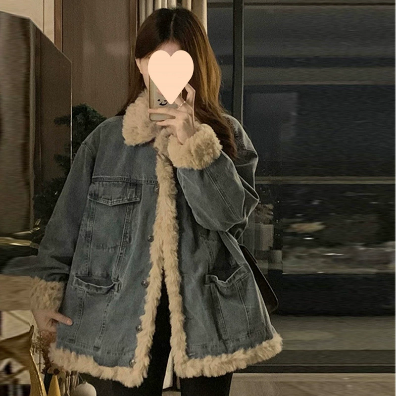 Fleece denim down jacket, oversize, for teenagers, increased thickness