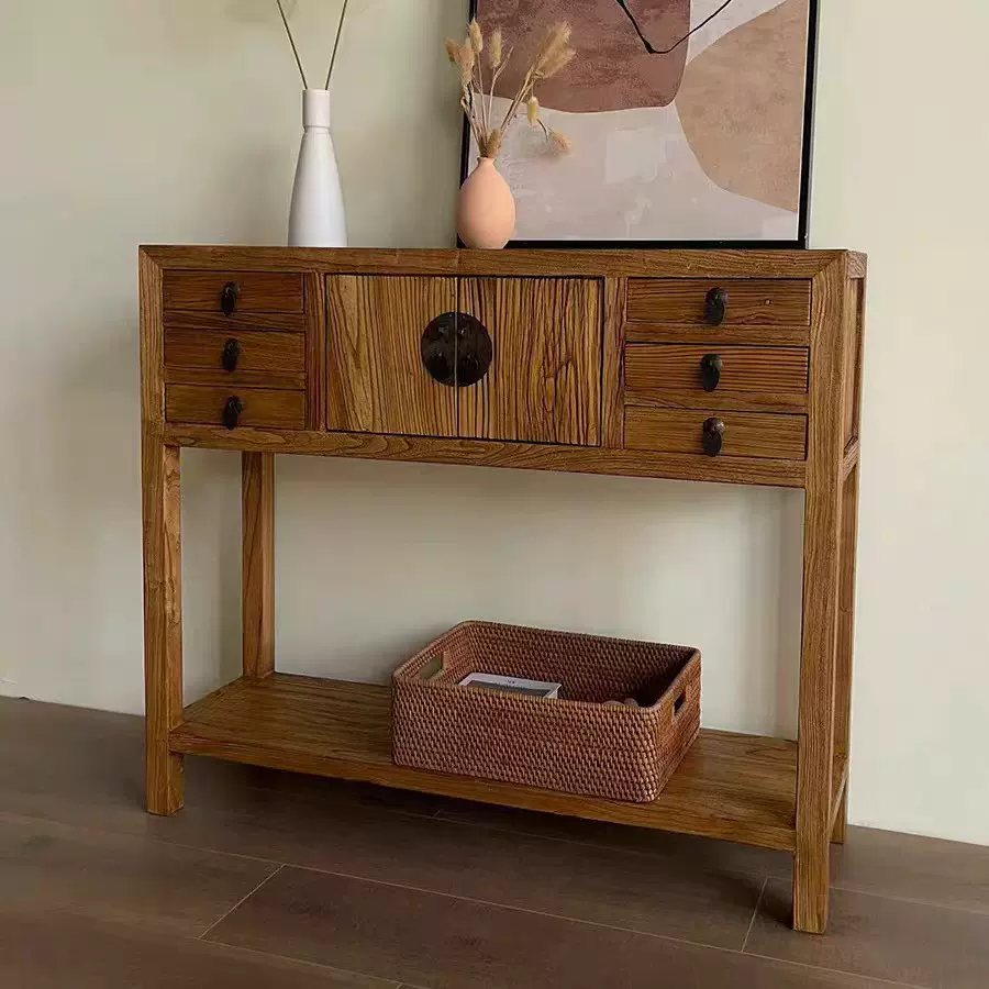 新中式实木玄关柜原木条案餐边柜进门靠墙老榆木抽屉式窄柜桌子