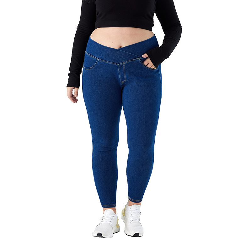 Pantalones de yoga de mezclilla de gran tamaño transfronterizos europeos y americanos para mujeres con grasa y cintura cruzada, pantalones casuales de fitness ajustados de alta elasticidad