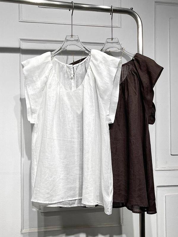 Plus Size Korean Style Loose Fit Slimming Design Round Neck Flutter Sleeve Shirt Top 2026 Summer New Model