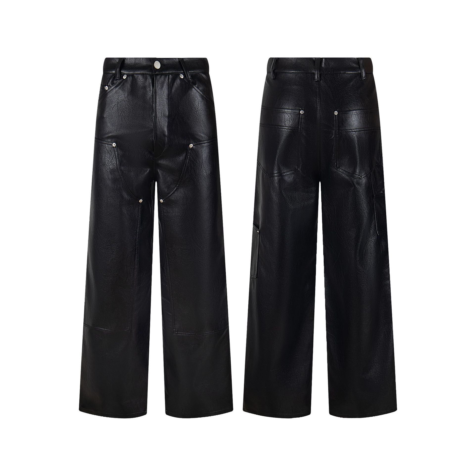 Far Double-Knee Leather Pu Leather Lumberjack Workwear Straight-Leg Ins-Style Long Pants Wookvibe Same Style Leather Pants