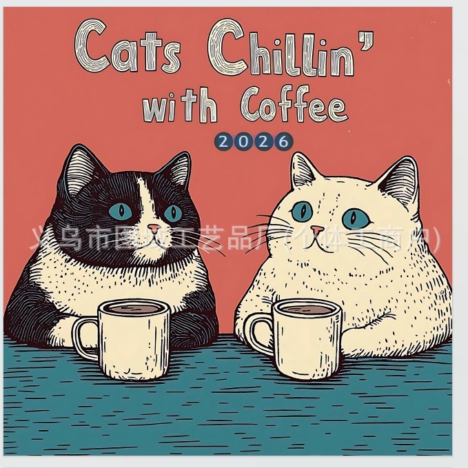 越境新商品 2026年カレンダー CATS CHILLIN' WITH COFFEE コーヒーを飲む猫掛け|undefined
