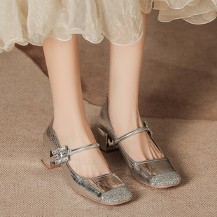 Rhinestone Silver Women's Shoes, Summer High-End High-Heeled Shoes, Square Toe, Thick Heel, Mary Jane Shoes, Daily Wear with Skirts