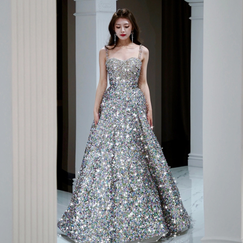 Starry sequined evening dress European and American-style light luxury elegant socialite party Annual Meeting host wedding dress toast dress bride Starry sequined evening dress European and American-style light luxury elegant socialite party Annual Meeting host wedding dress toast dress bride