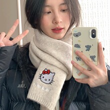 新款百搭可爱小猫毛线围脖女冬季加厚保暖日系仿羊毛亲肤针织围巾