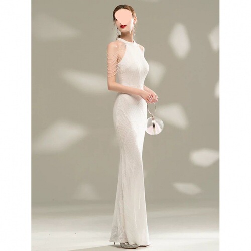 White evening gown for women, high-end, elegant, choker-style host dress, fishtail long dress