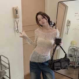 长袖恤女新款法式气质透视设计感防晒纯欲修身显瘦露背罩衫上衣