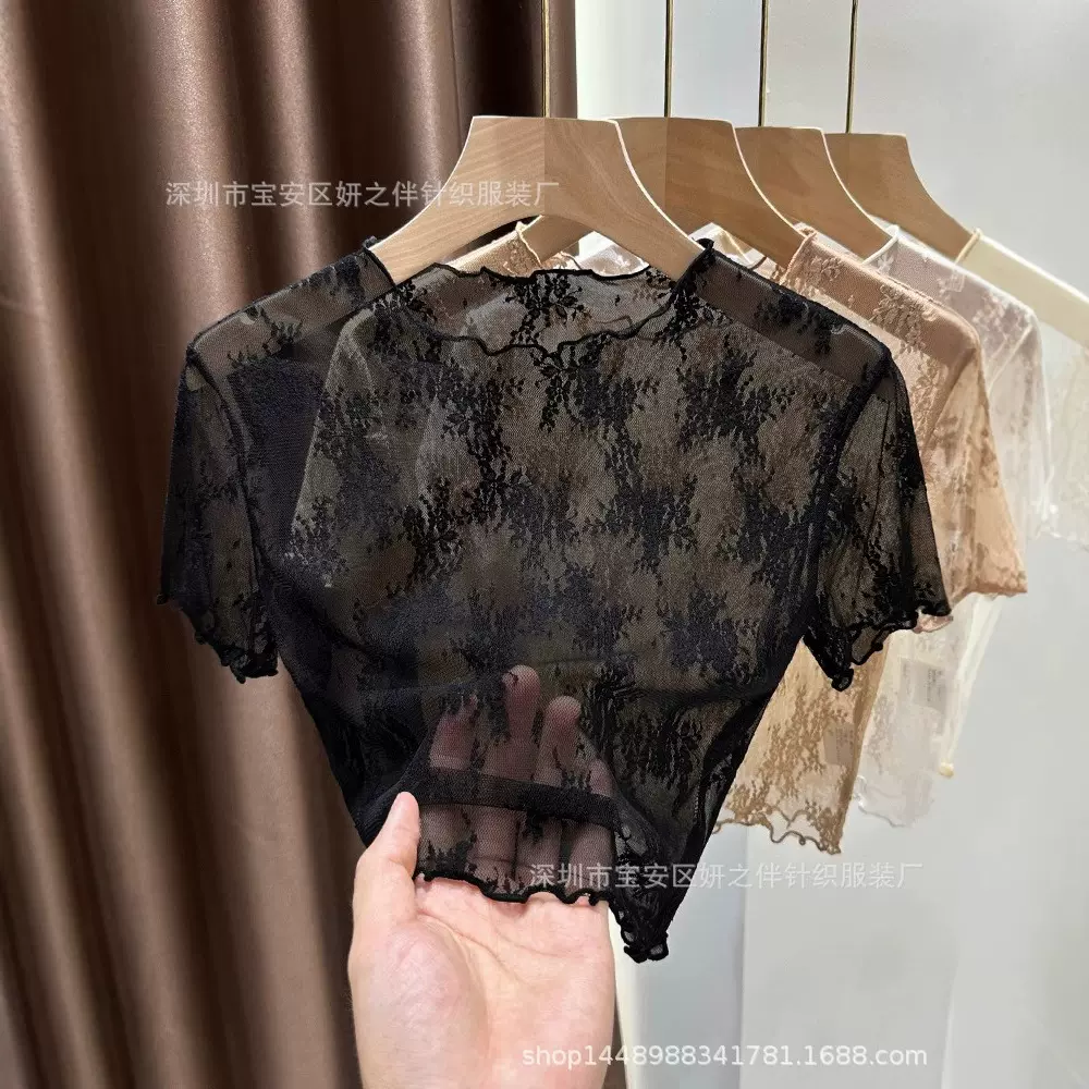 蕾丝打底衫女网纱夏季镂空短袖圆领木耳边短款吊带裙内搭t恤上衣